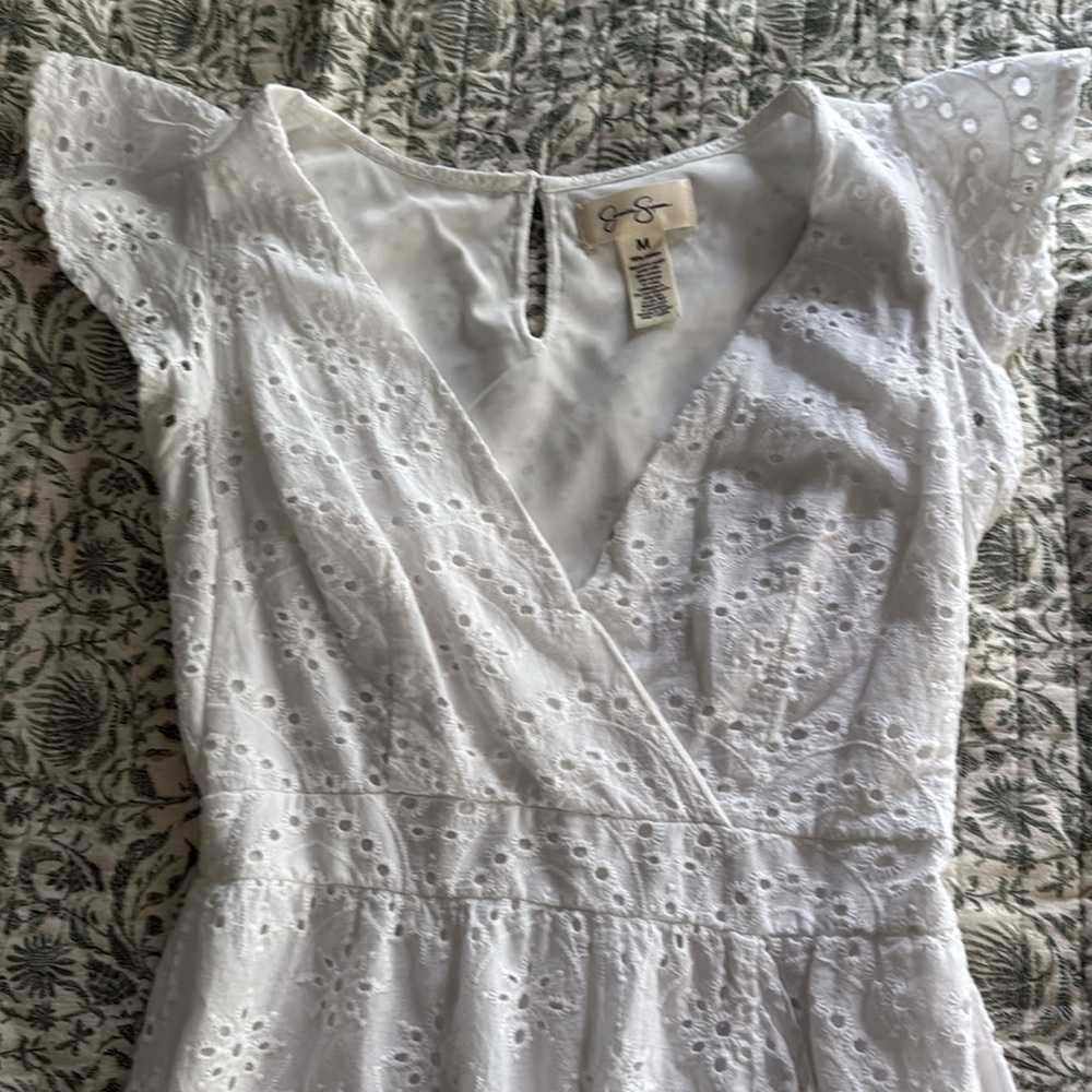 White Flutter Sleeve Wrap Eyelet Dress - Picture 2 of 4